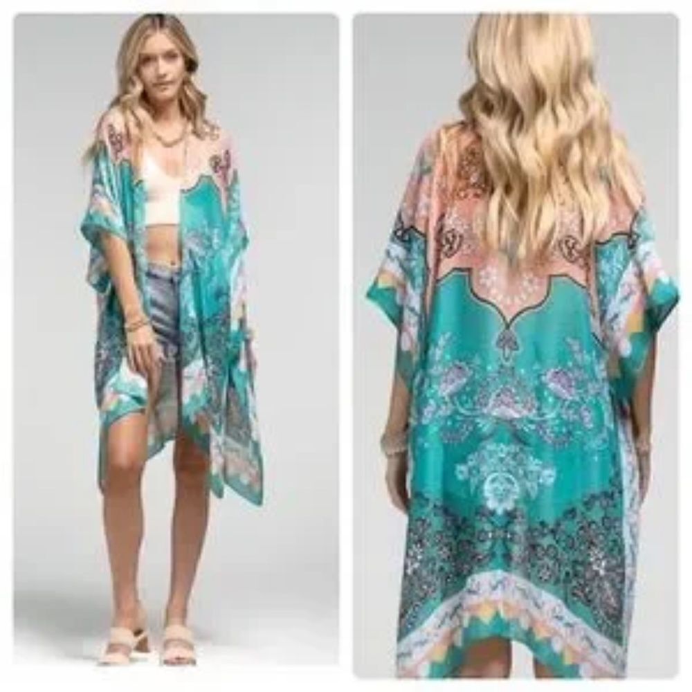 Kimono Lightweight Aqua and Peach ColorsOne Size - Picture 2 of 6